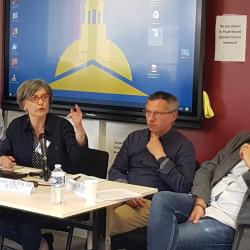 Le sociologue JM Denis, P. Lukas (Irefe, CFDT), Thierry Franchi (CGT), Arnaud Bossard (CFE-CGC) actuEL-CE.fr